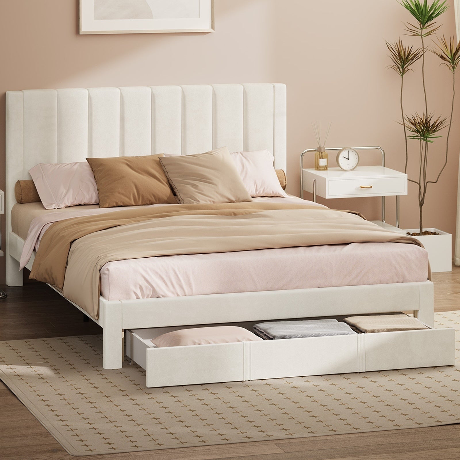 Oikiture Bed Frame Queen Size Headboard Platform Base with Drawer Beige