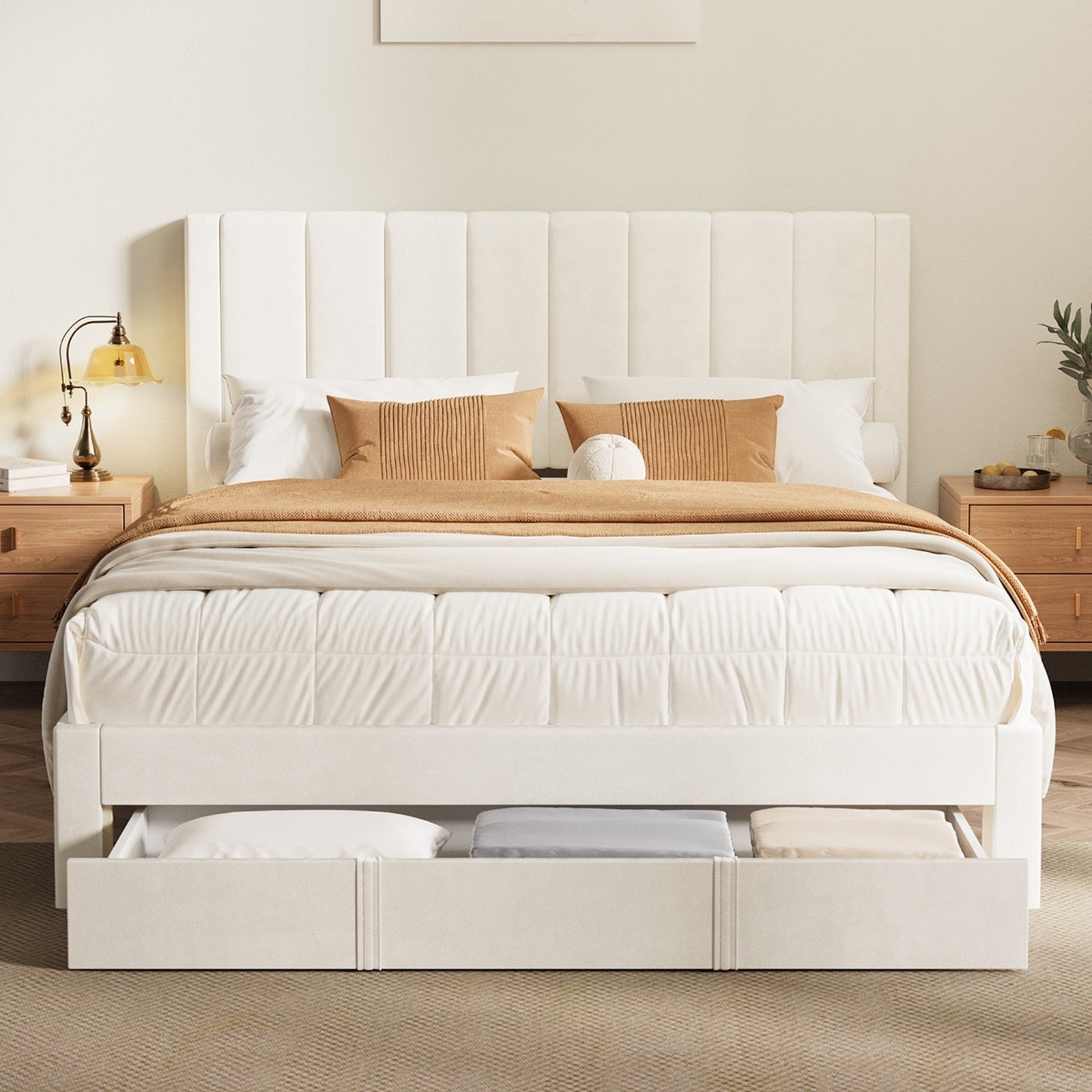 Oikiture Bed Frame Queen Size Headboard Platform Base with Drawer Beige