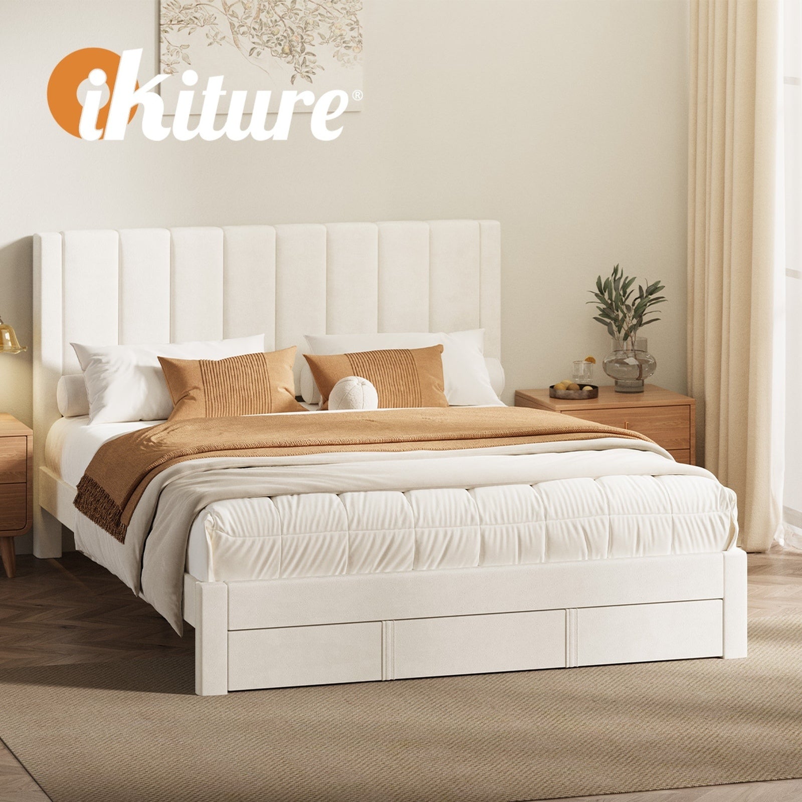 Oikiture Bed Frame Queen Size Headboard Platform Base with Drawer Beige