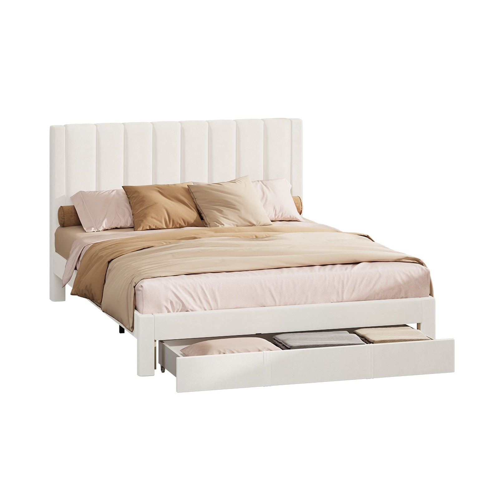 Oikiture Bed Frame Queen Size Headboard Platform Base with Drawer Beige