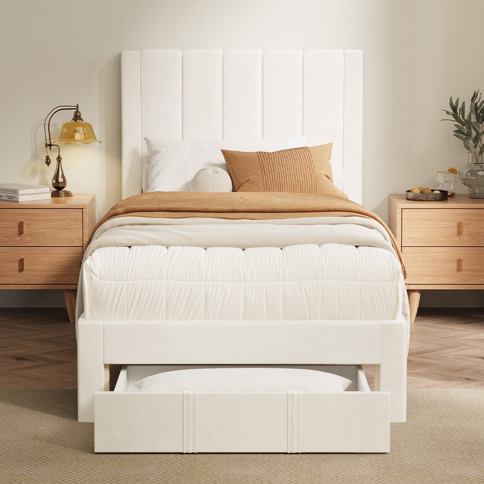 Oikiture Bed Frame Single Size Headboard Platform Base with Drawer Beige