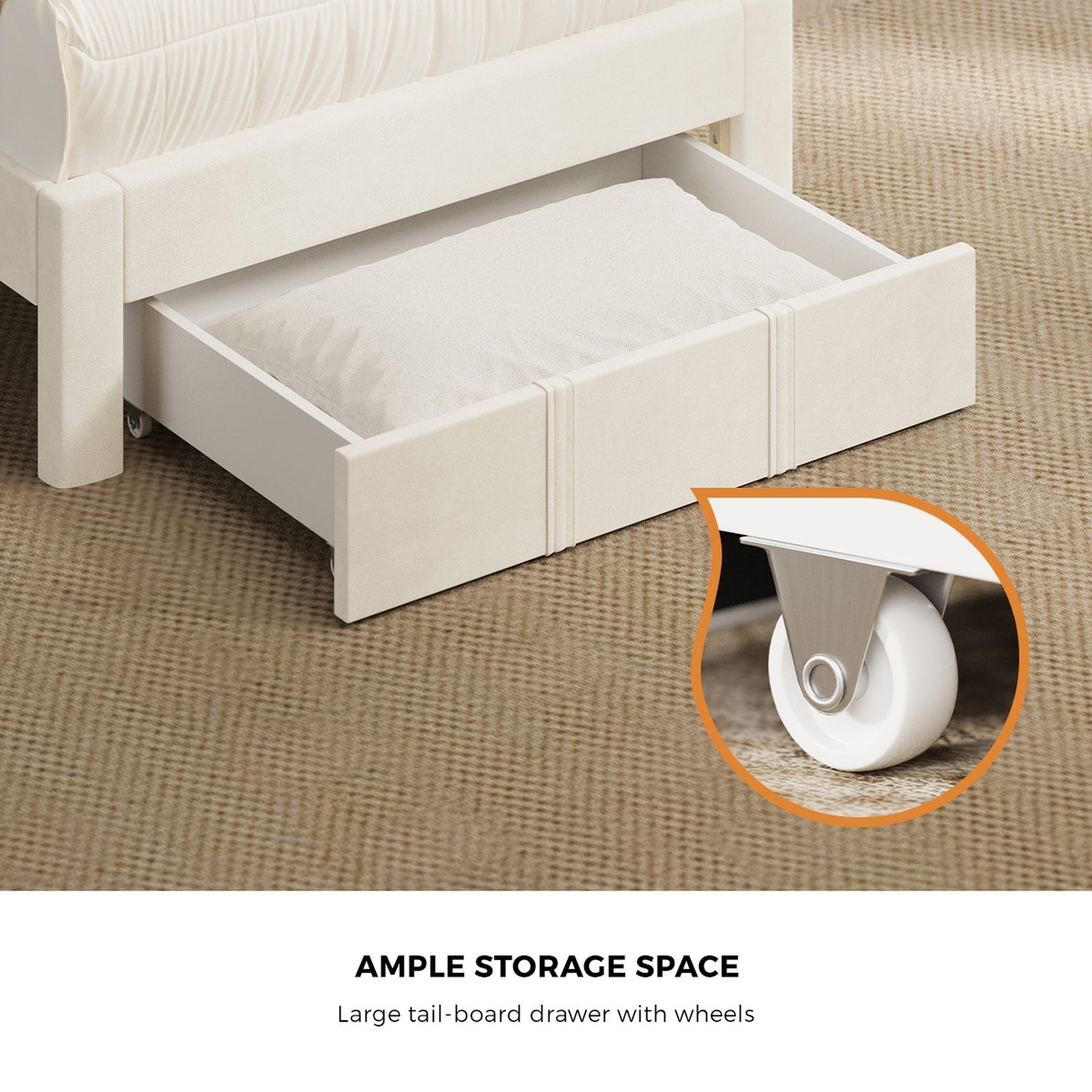 Oikiture Bed Frame Single Size Headboard Platform Base with Drawer Beige