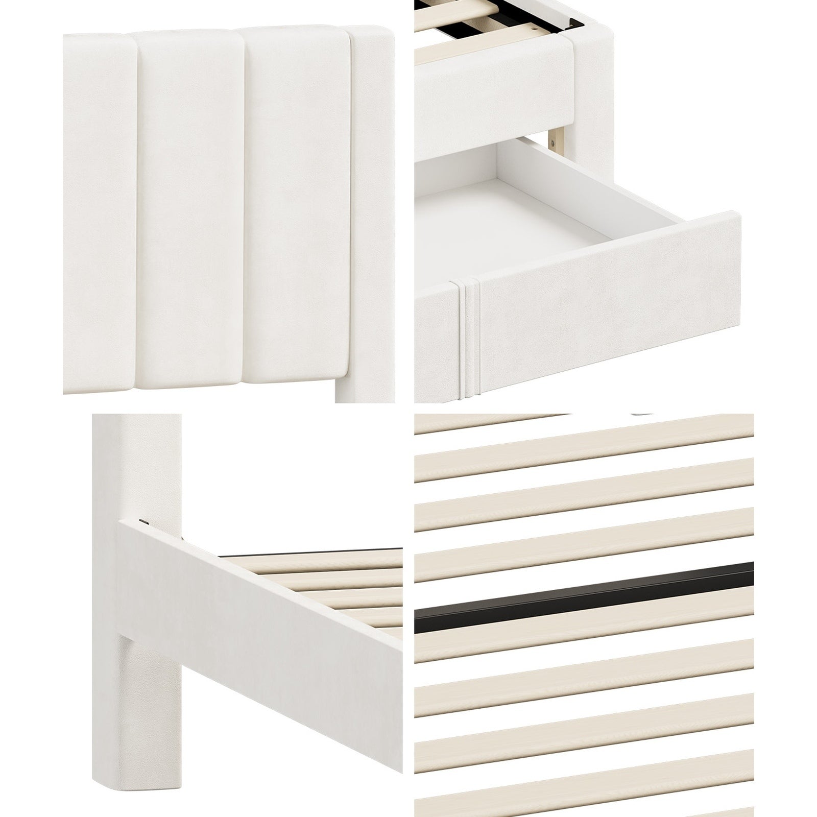 Oikiture Bed Frame Single Size Headboard Platform Base with Drawer Beige