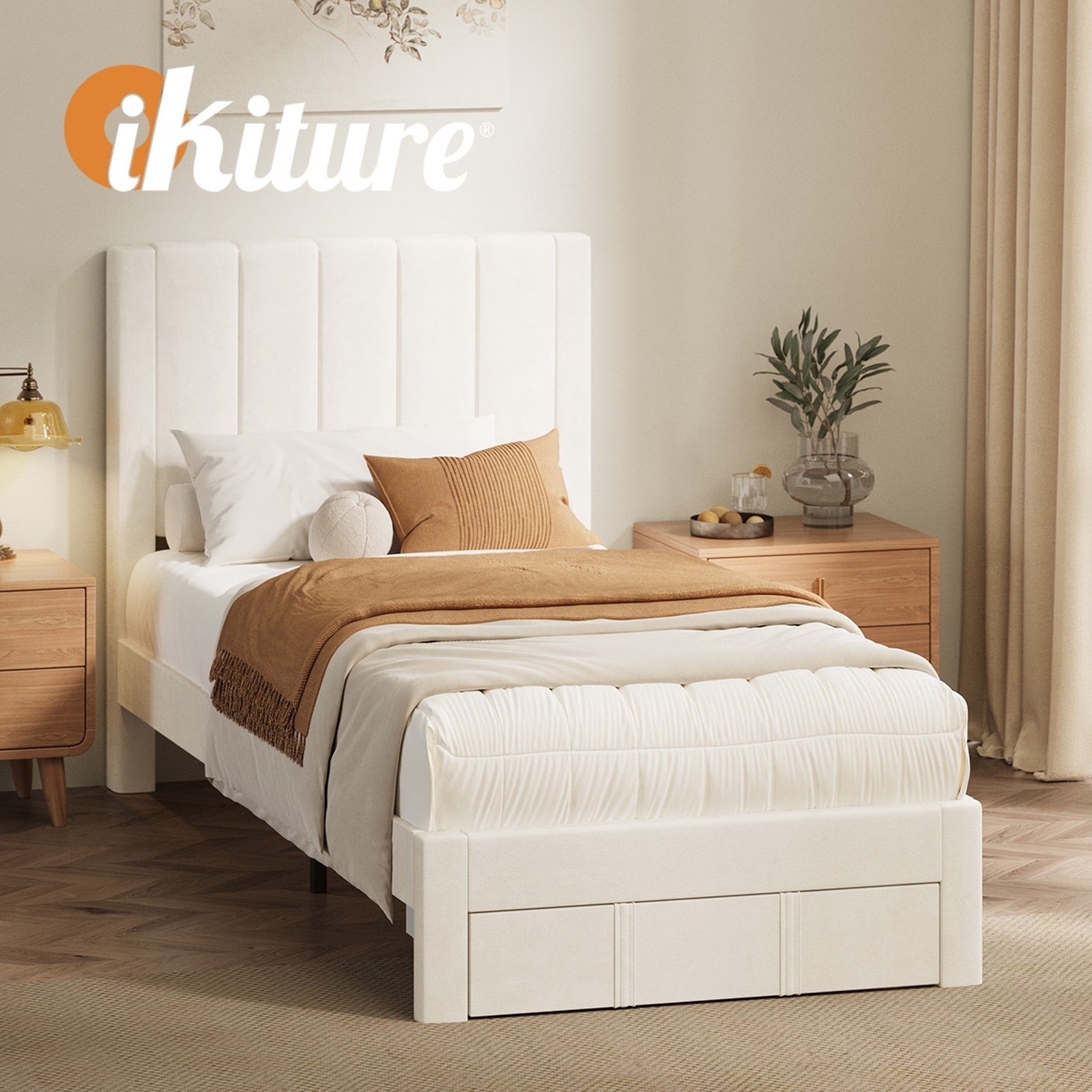 Oikiture Bed Frame Single Size Headboard Platform Base with Drawer Beige