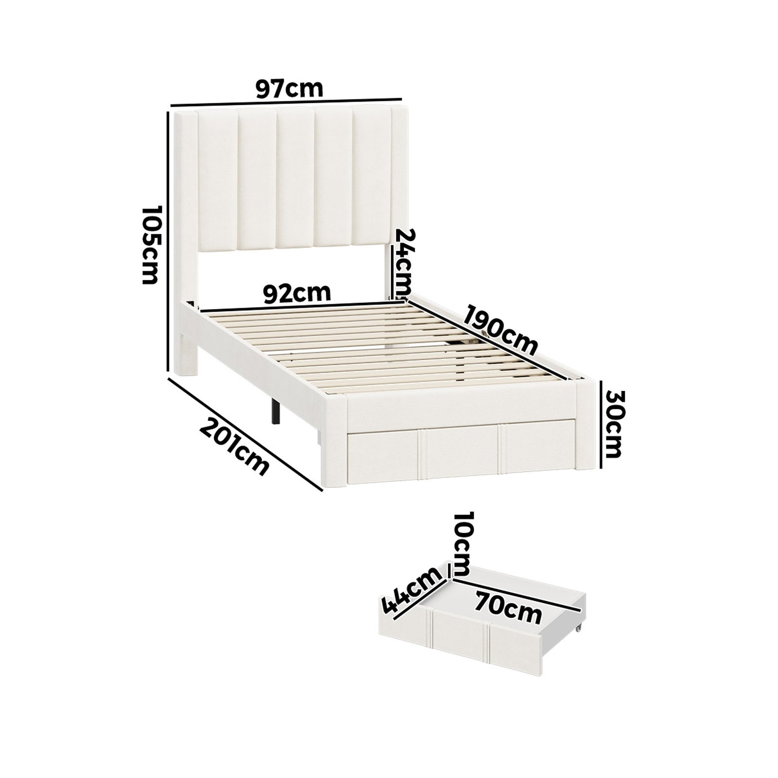 Oikiture Bed Frame Single Size Headboard Platform Base with Drawer Beige