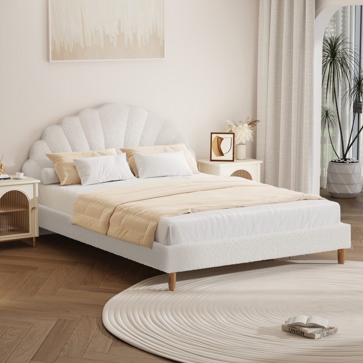 Oikiture Bed Frame Double Size Scallop-Shape Bedhead White Boucle - Sunyee