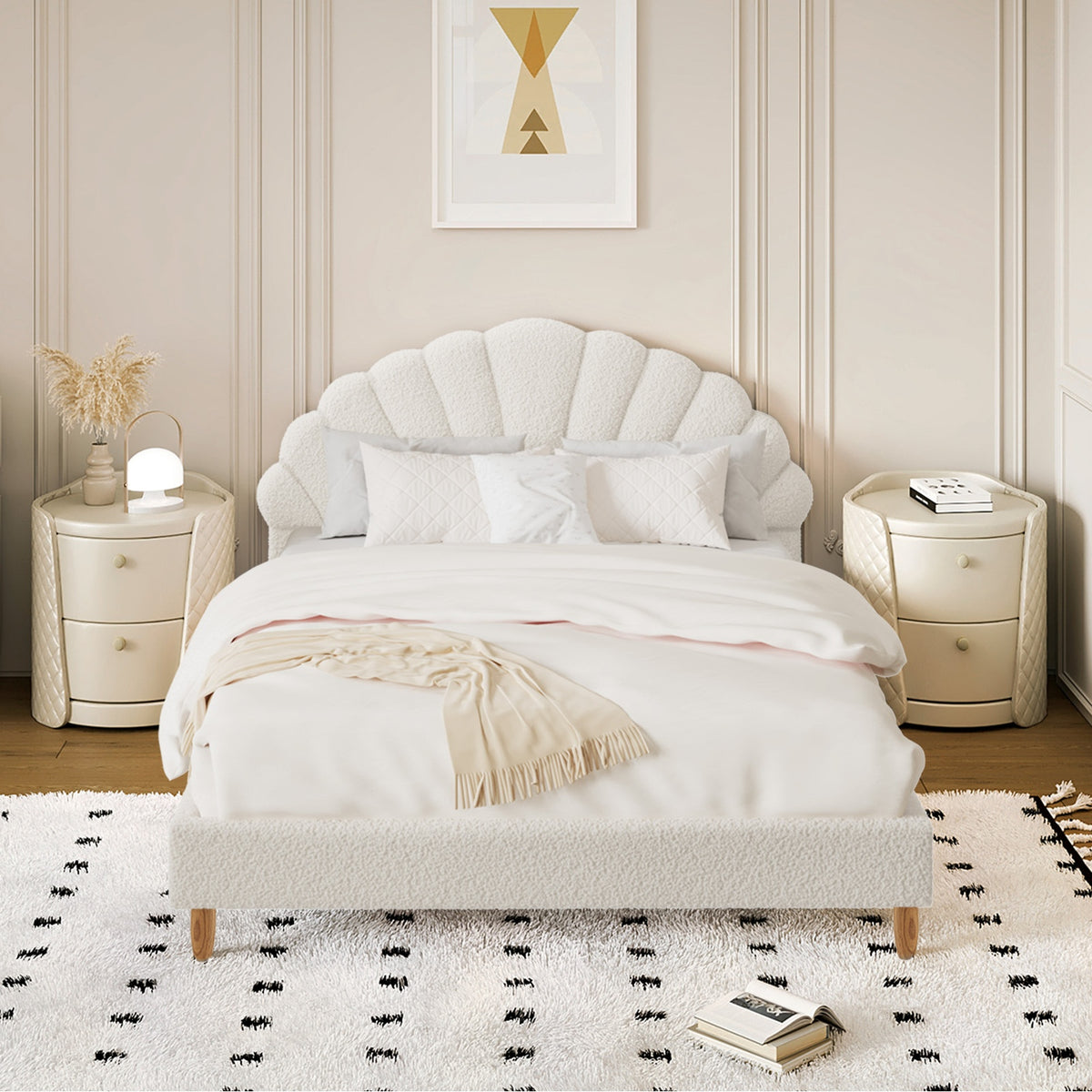 Oikiture Bed Frame Double Size Scallop-Shape Bedhead White Boucle - Sunyee
