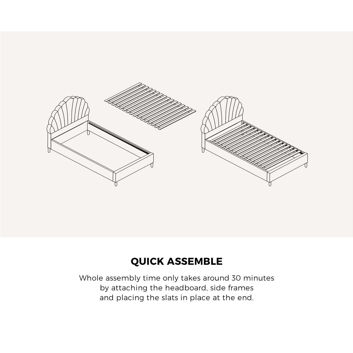 Oikiture Bed Frame Double Size Scallop-Shape Bedhead White Boucle - Sunyee