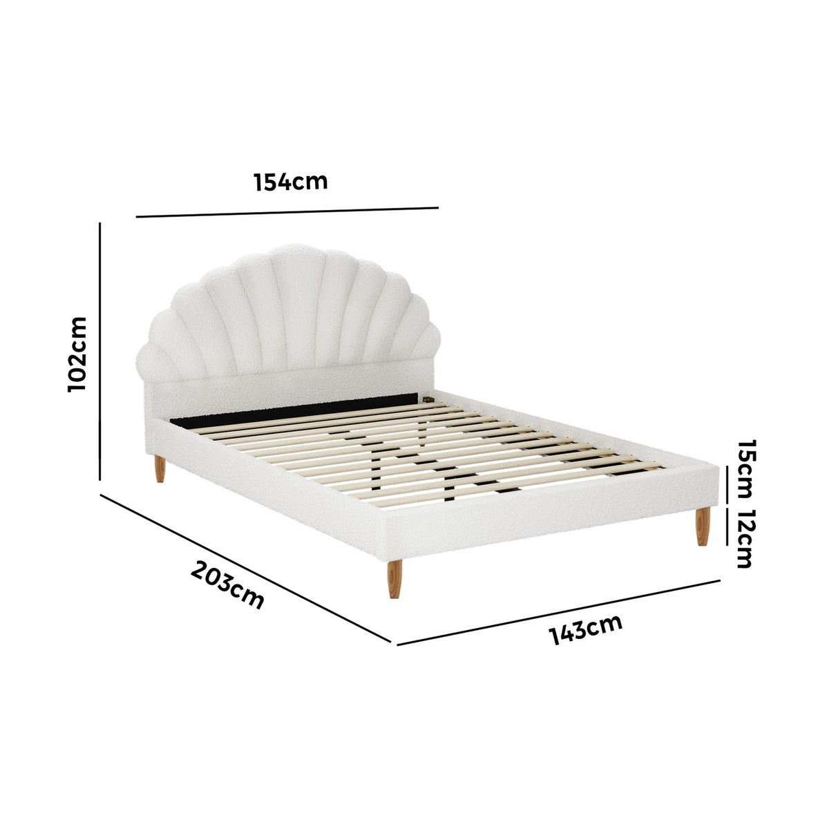 Oikiture Bed Frame Double Size Scallop-Shape Bedhead White Boucle - Sunyee