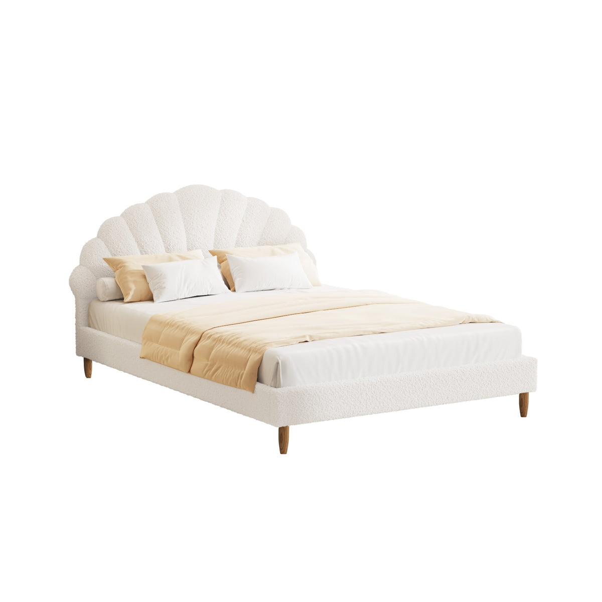 Oikiture Bed Frame Double Size Scallop-Shape Bedhead White Boucle - Sunyee