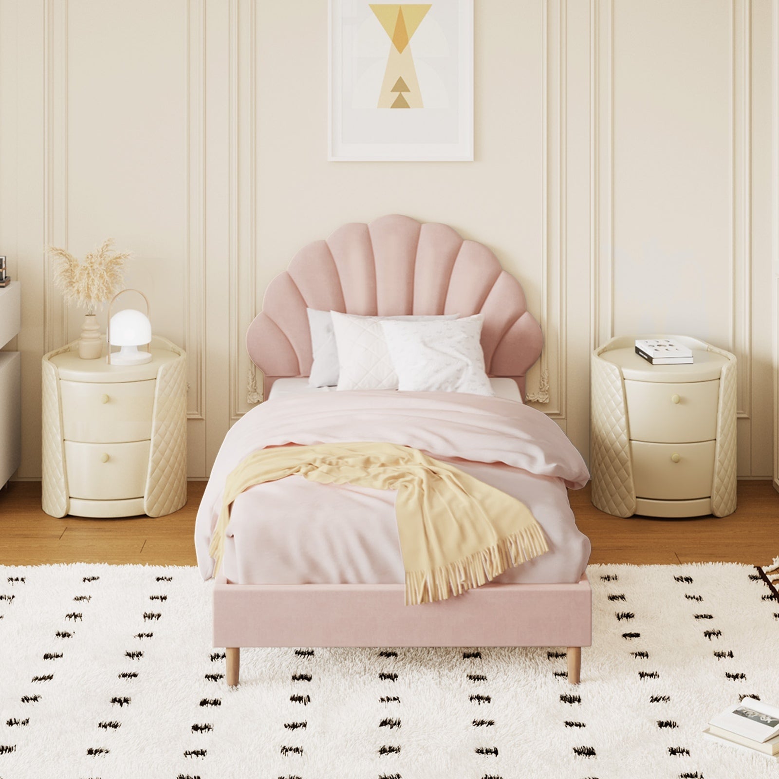 Oikiture Bed Frame Single Size Scallop-Shape Bedhead Pink Velvet