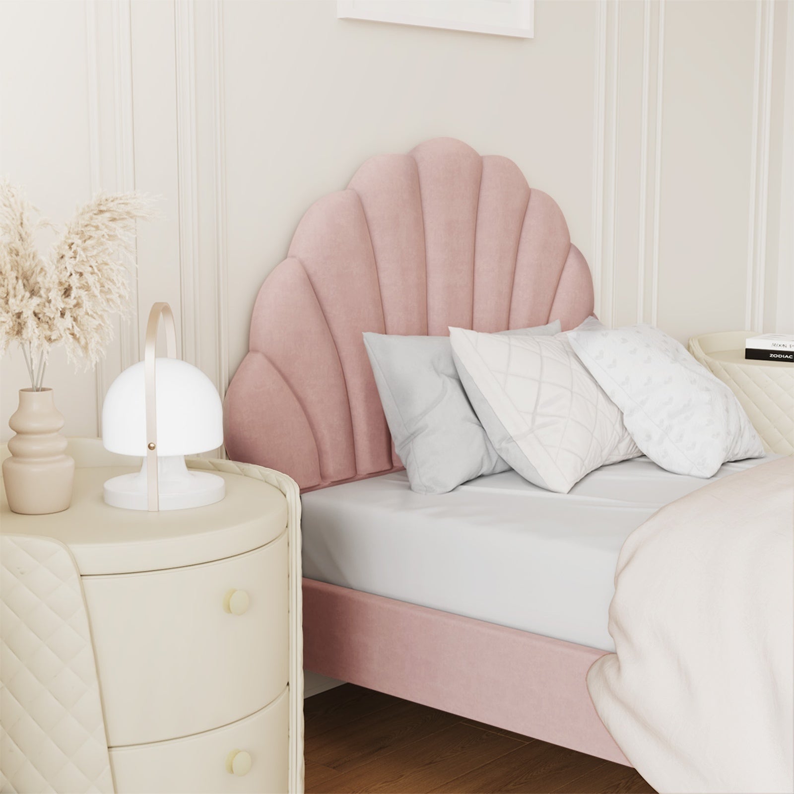 Oikiture Bed Frame Single Size Scallop-Shape Bedhead Pink Velvet