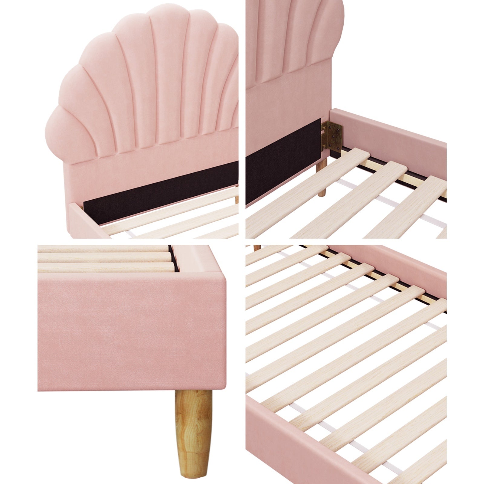 Oikiture Bed Frame Single Size Scallop-Shape Bedhead Pink Velvet