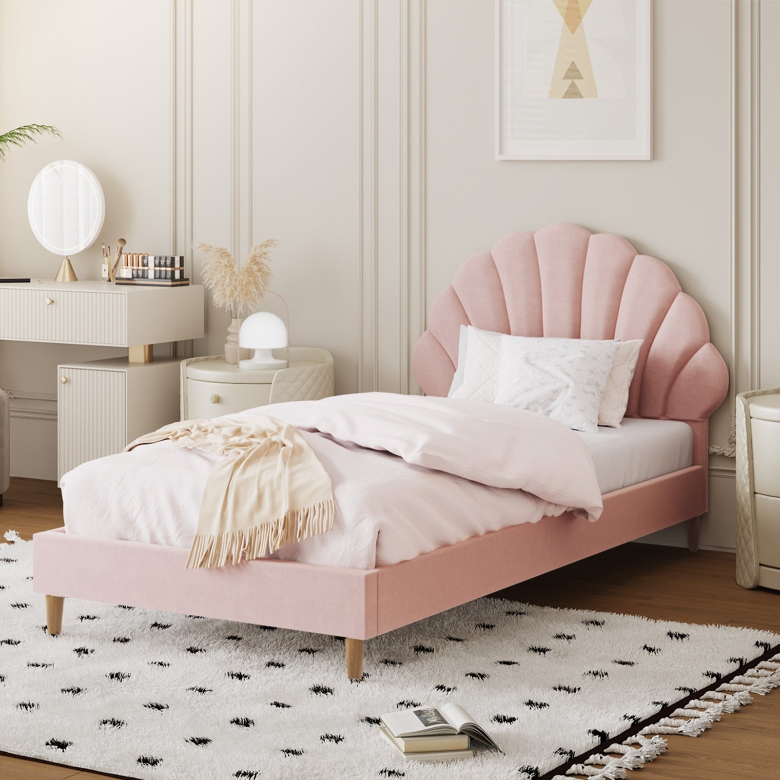 Oikiture Bed Frame Single Size Scallop-Shape Bedhead Pink Velvet