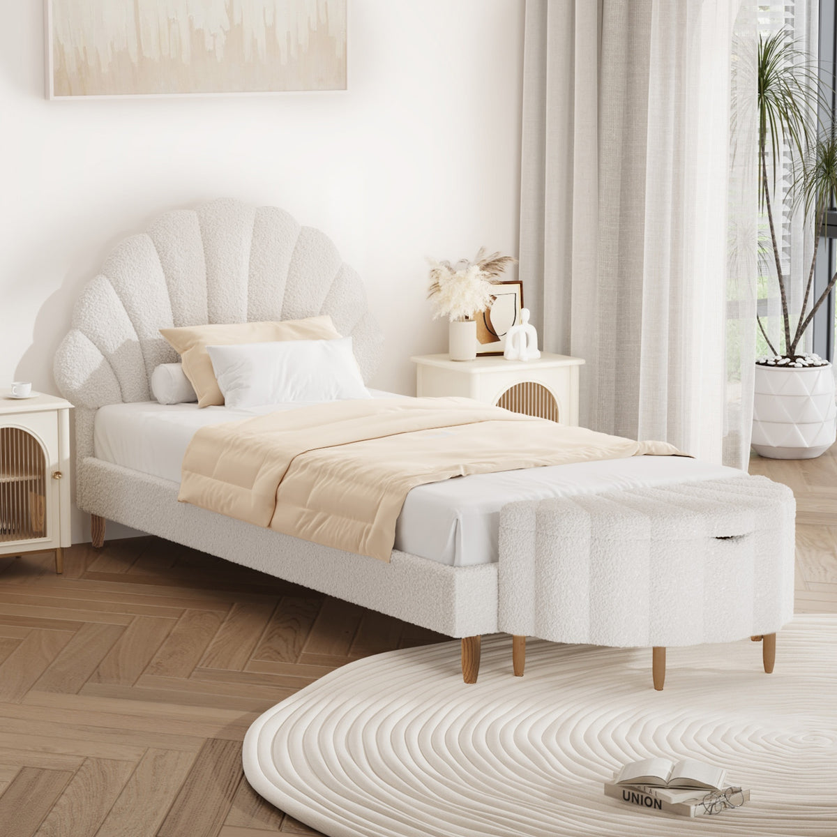 Oikiture Boucle Bed Frame with Ottoman Set Scallop Shaped Sherpa Bedhead Single - Sunyee