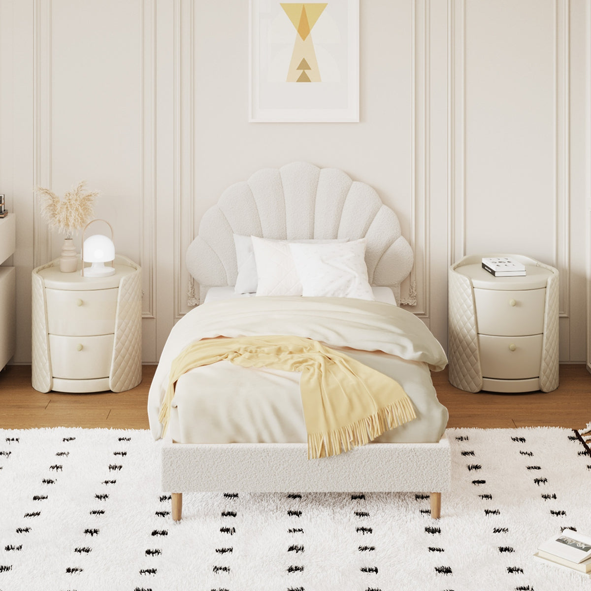 Oikiture Bed Frame Single Size Scallop-Shape Bedhead White Boucle