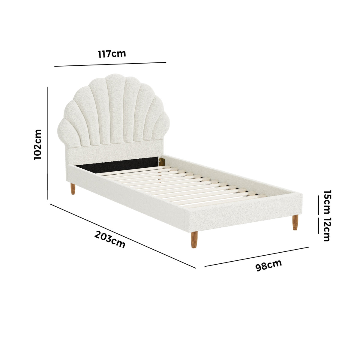 Oikiture Bed Frame Single Size Scallop-Shape Bedhead White Boucle