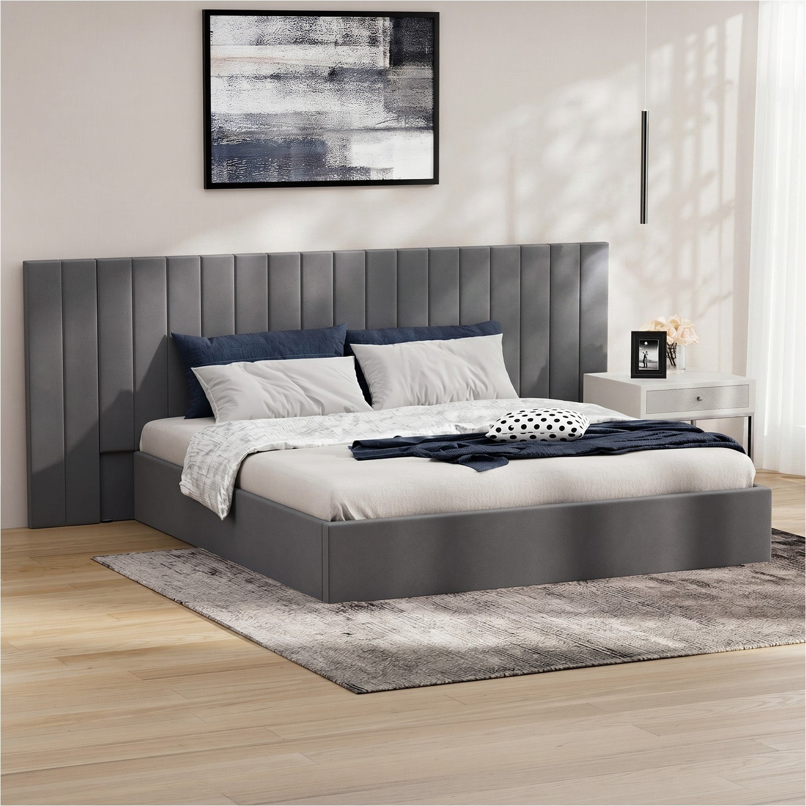Oikiture Bed Frame King Size Gas Lift Storage Base Oversized Headboard Velvet - Sunyee