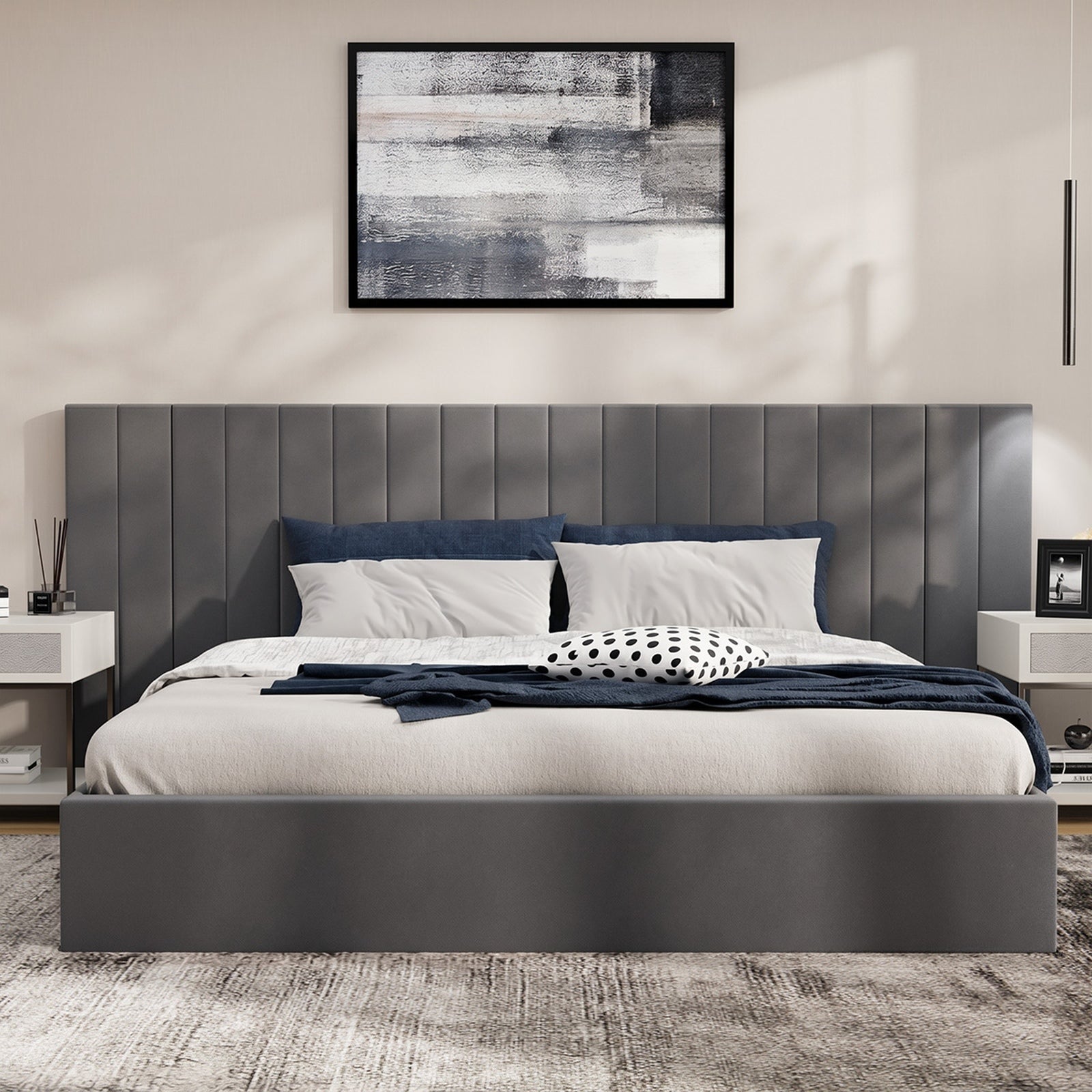 Oikiture Bed Frame King Size Gas Lift Storage Base Oversized Headboard Velvet - Sunyee