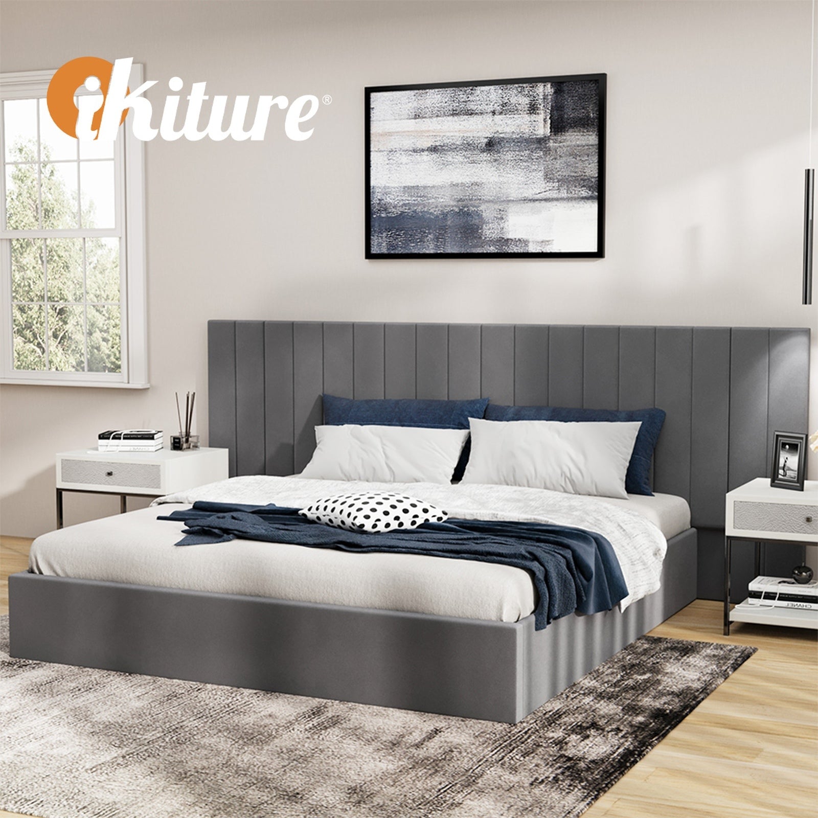 Oikiture Bed Frame King Size Gas Lift Storage Base Oversized Headboard Velvet - Sunyee