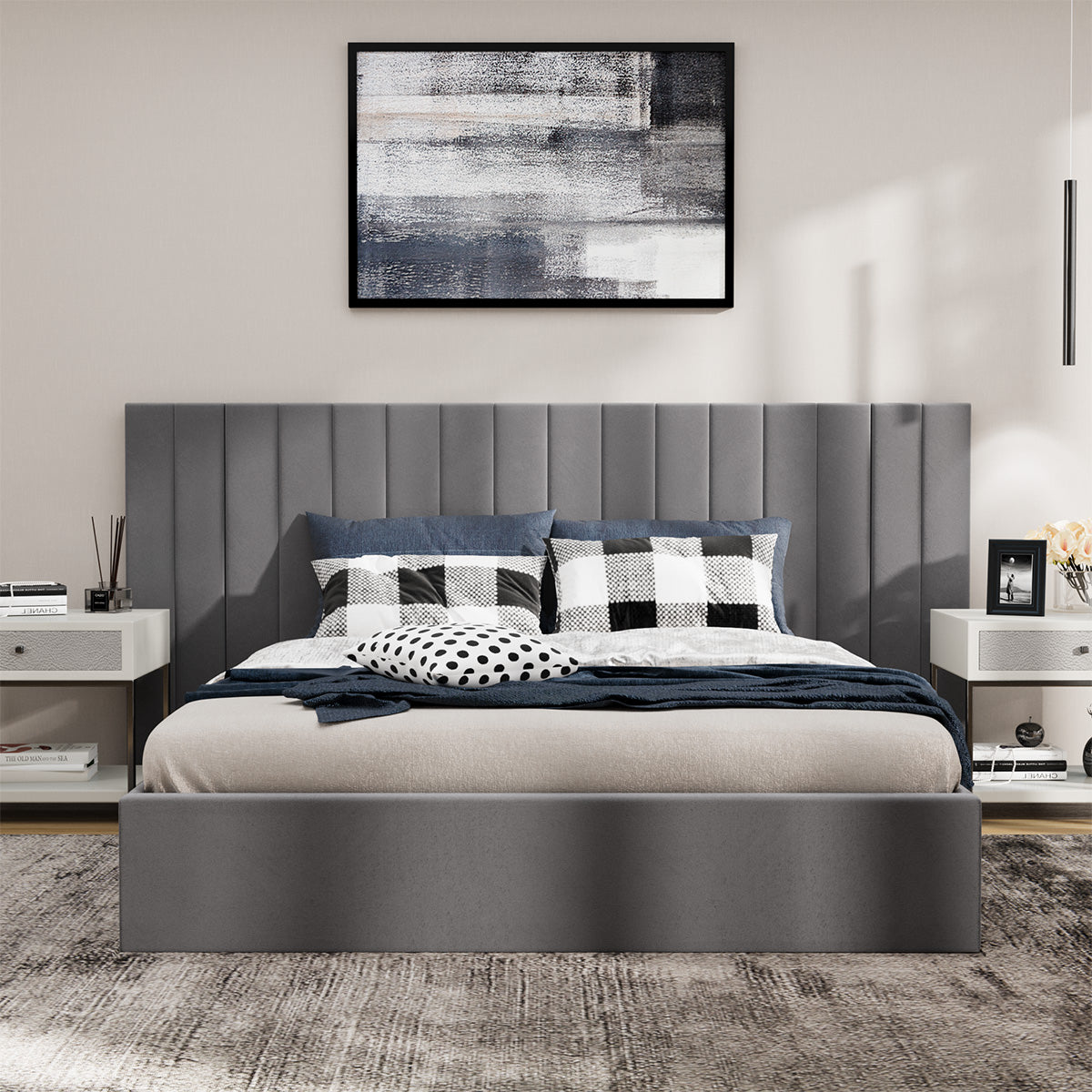 Oikiture Bed Frame Queen Size Gas Lift Storage Base Oversized Headboard Velvet - Sunyee