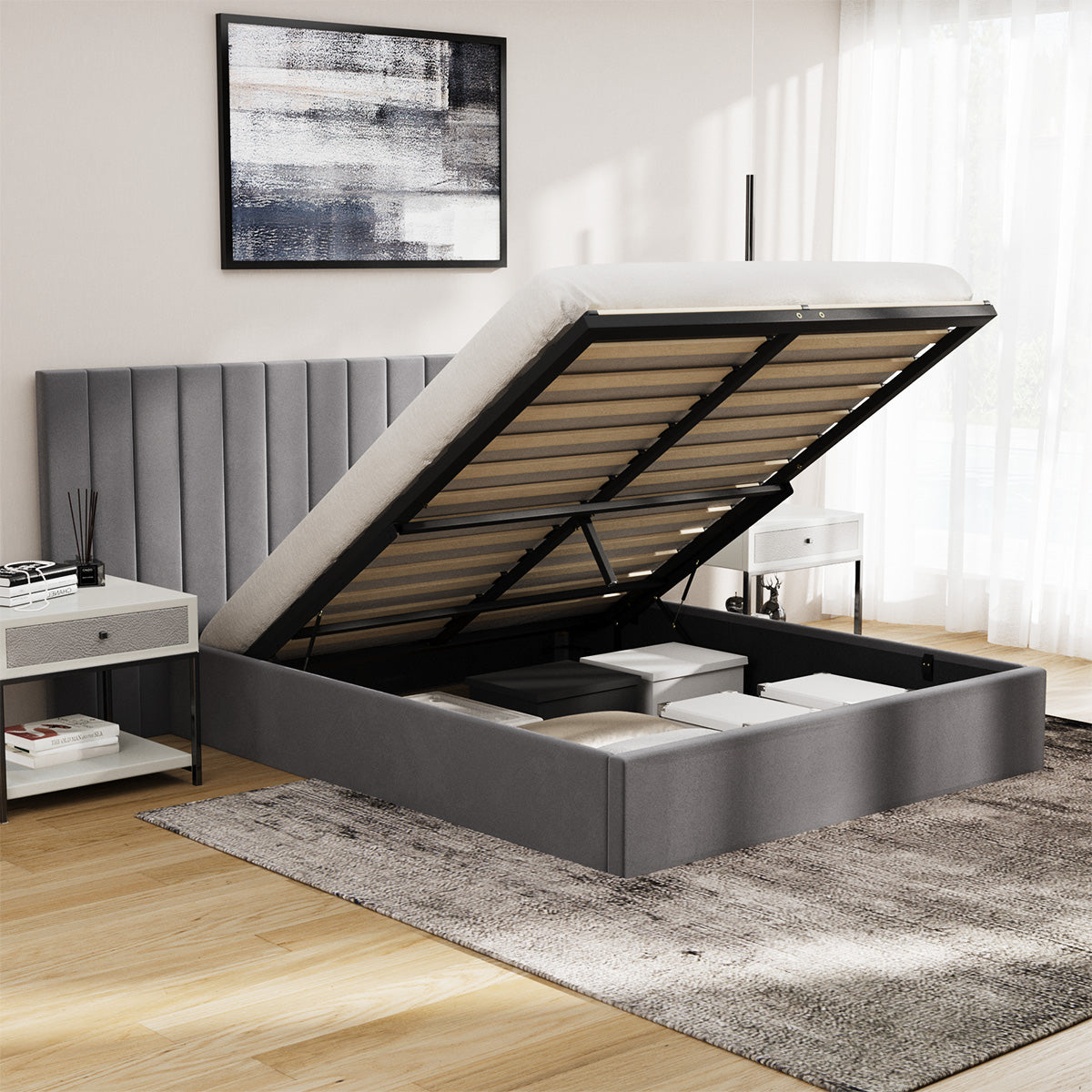 Oikiture Bed Frame Queen Size Gas Lift Storage Base Oversized Headboard Velvet - Sunyee