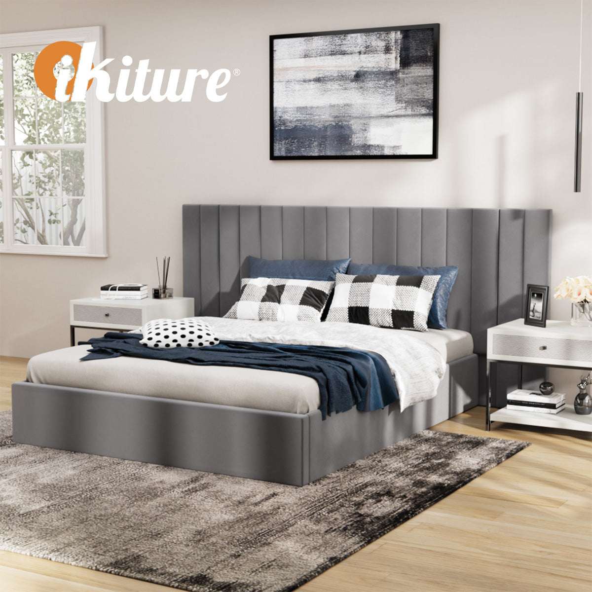Oikiture Bed Frame Queen Size Gas Lift Storage Base Oversized Headboard Velvet - Sunyee