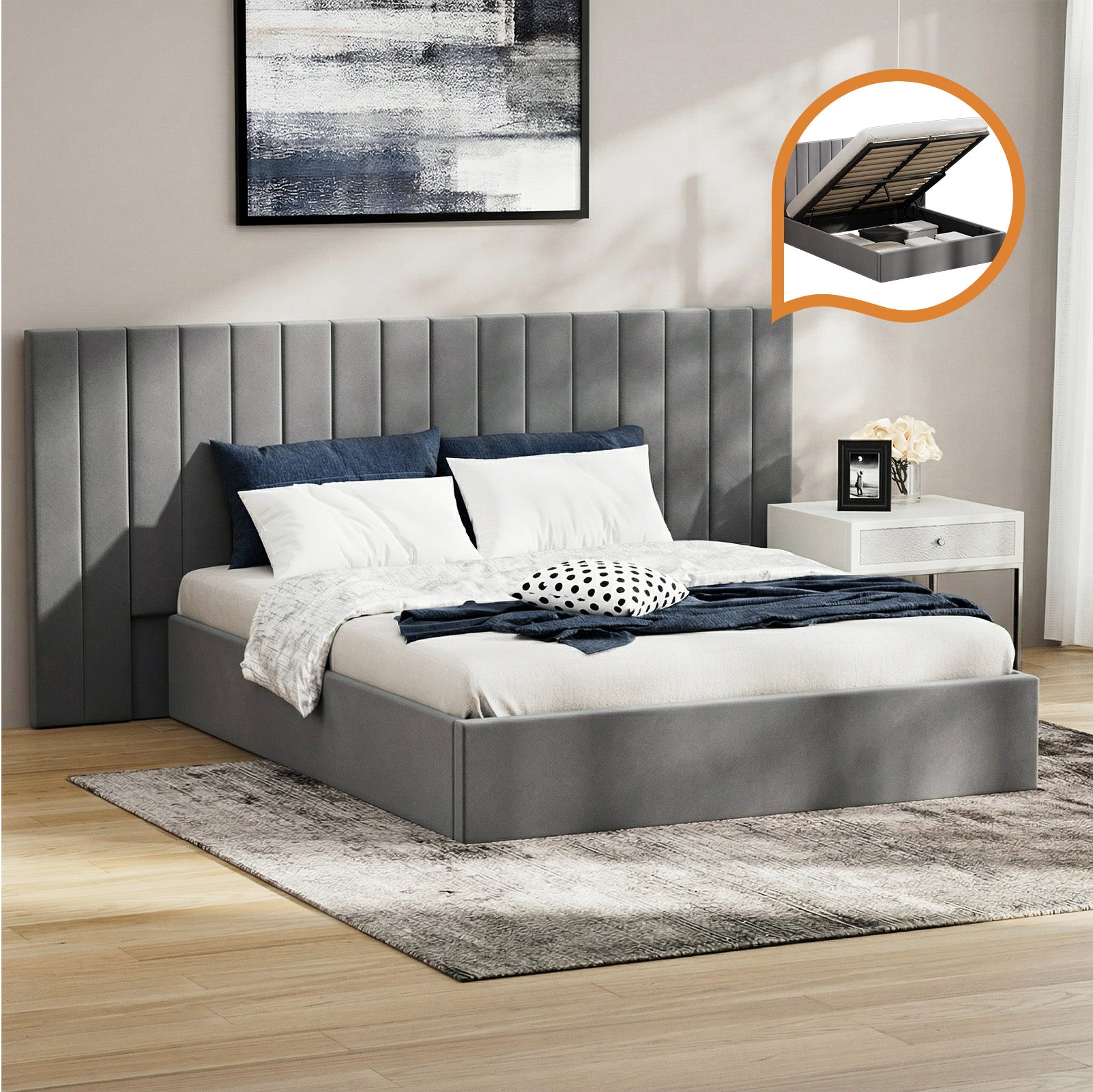 Oikiture Bed Frame Queen Size Gas Lift Storage Base Oversized Headboard Velvet - Sunyee