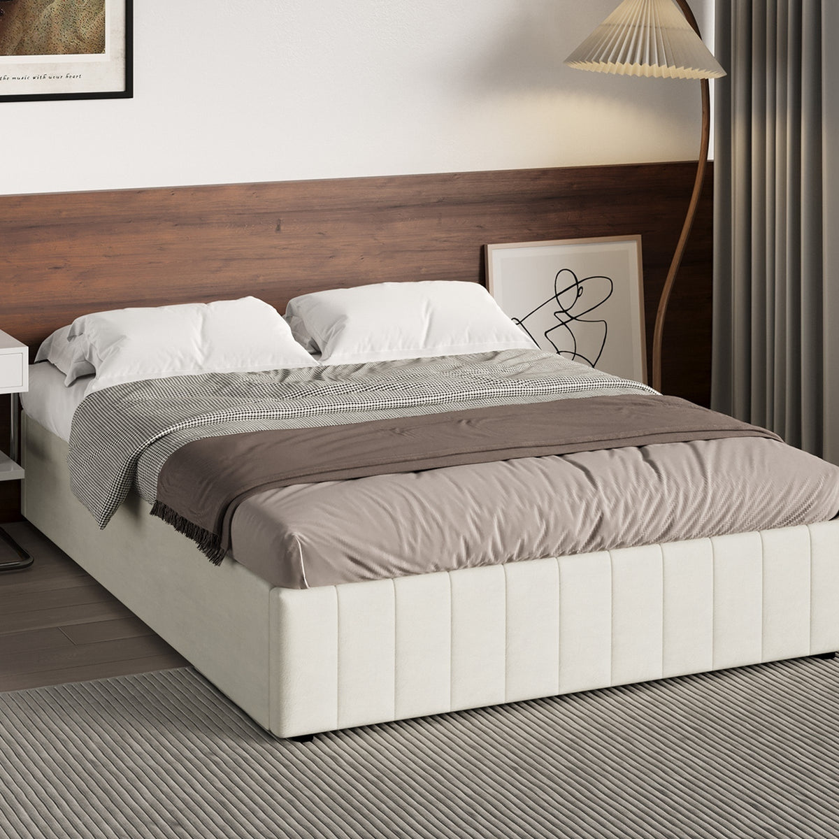Oikiture Bed Frame Double Size Gas Lift Storage Base Velvet Cream FURB - Sunyee
