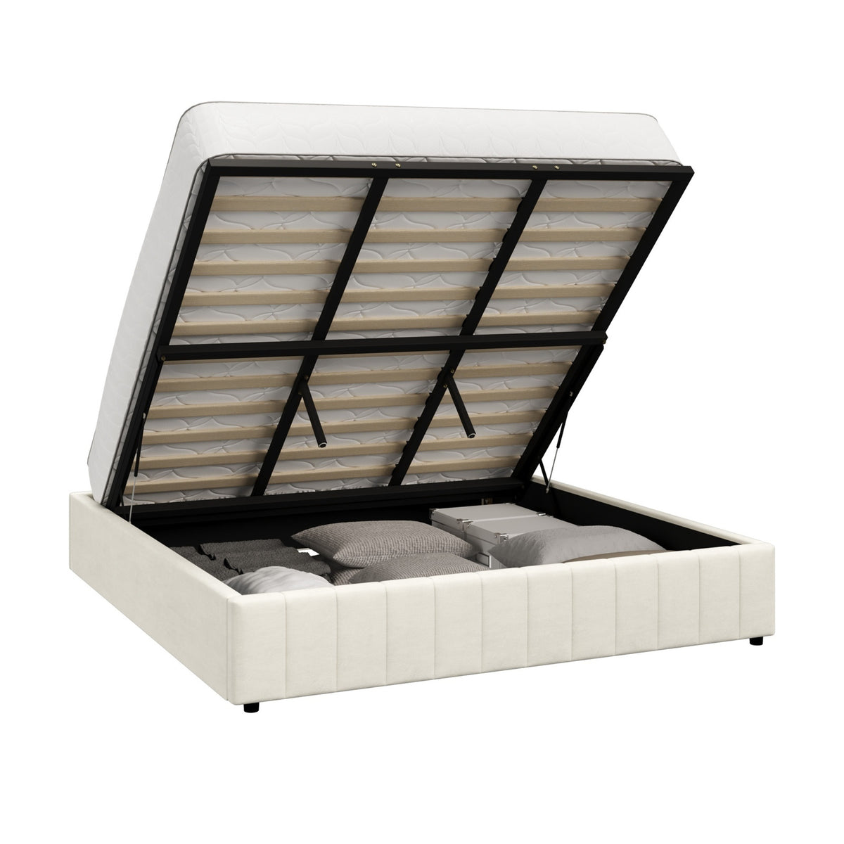 Oikiture Bed Frame King Size Gas Lift Storage Base Velvet Cream FURB - Sunyee