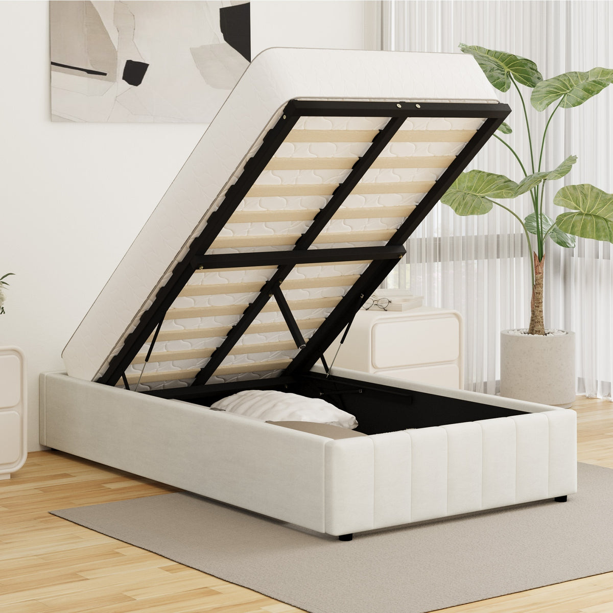 Oikiture Bed Frame King Single Gas Lift Storage Base Velvet Cream FURB - Sunyee
