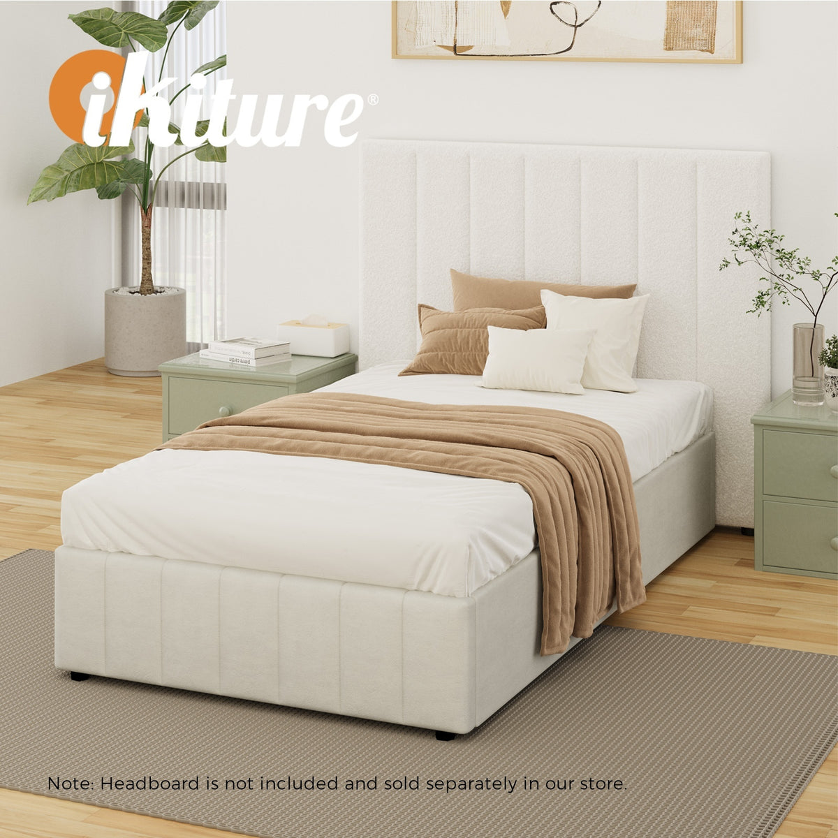 Oikiture Bed Frame King Single Gas Lift Storage Base Velvet Cream FURB - Sunyee