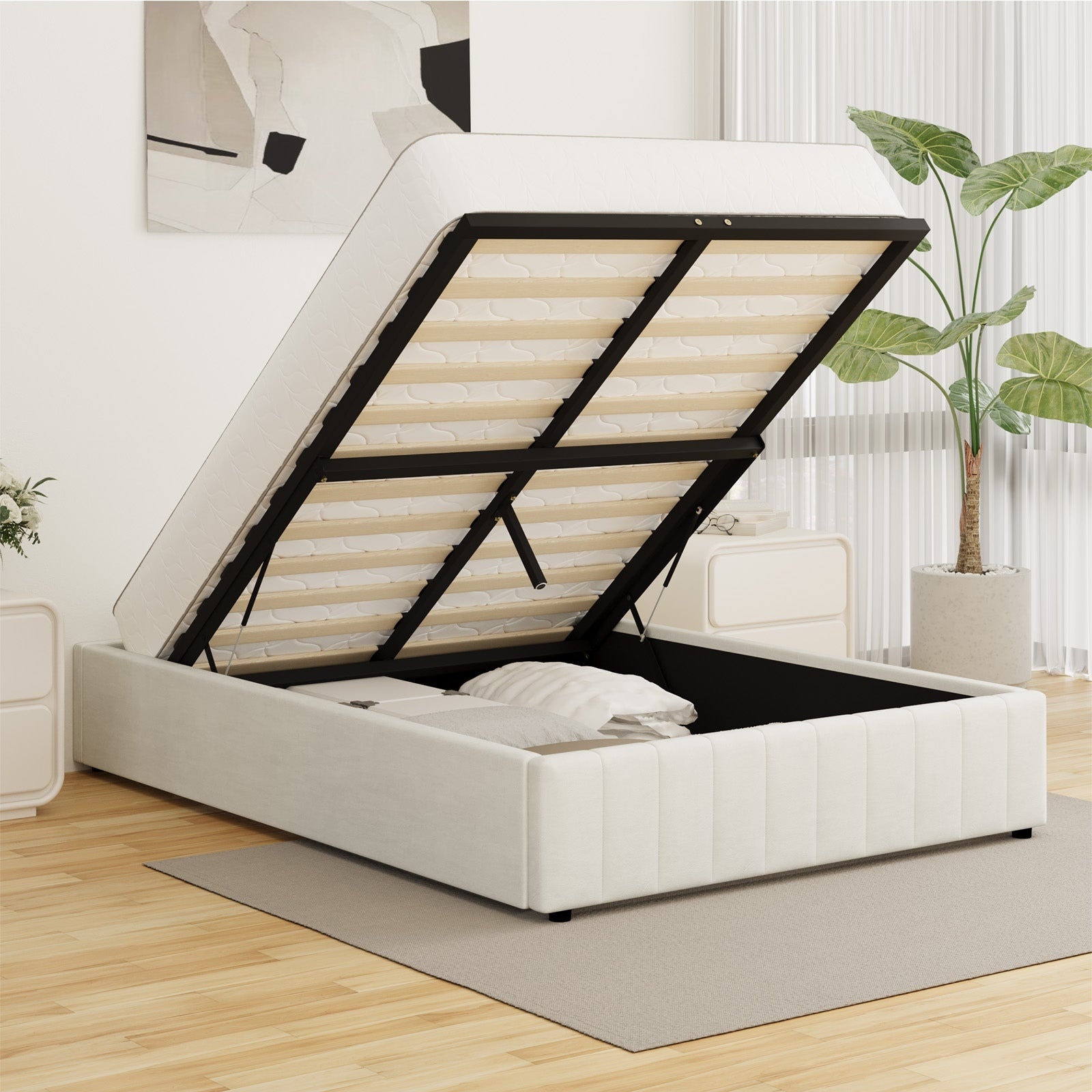 Oikiture Bed Frame Queen Size Gas Lift Storage Base Velvet Cream FURB - Sunyee