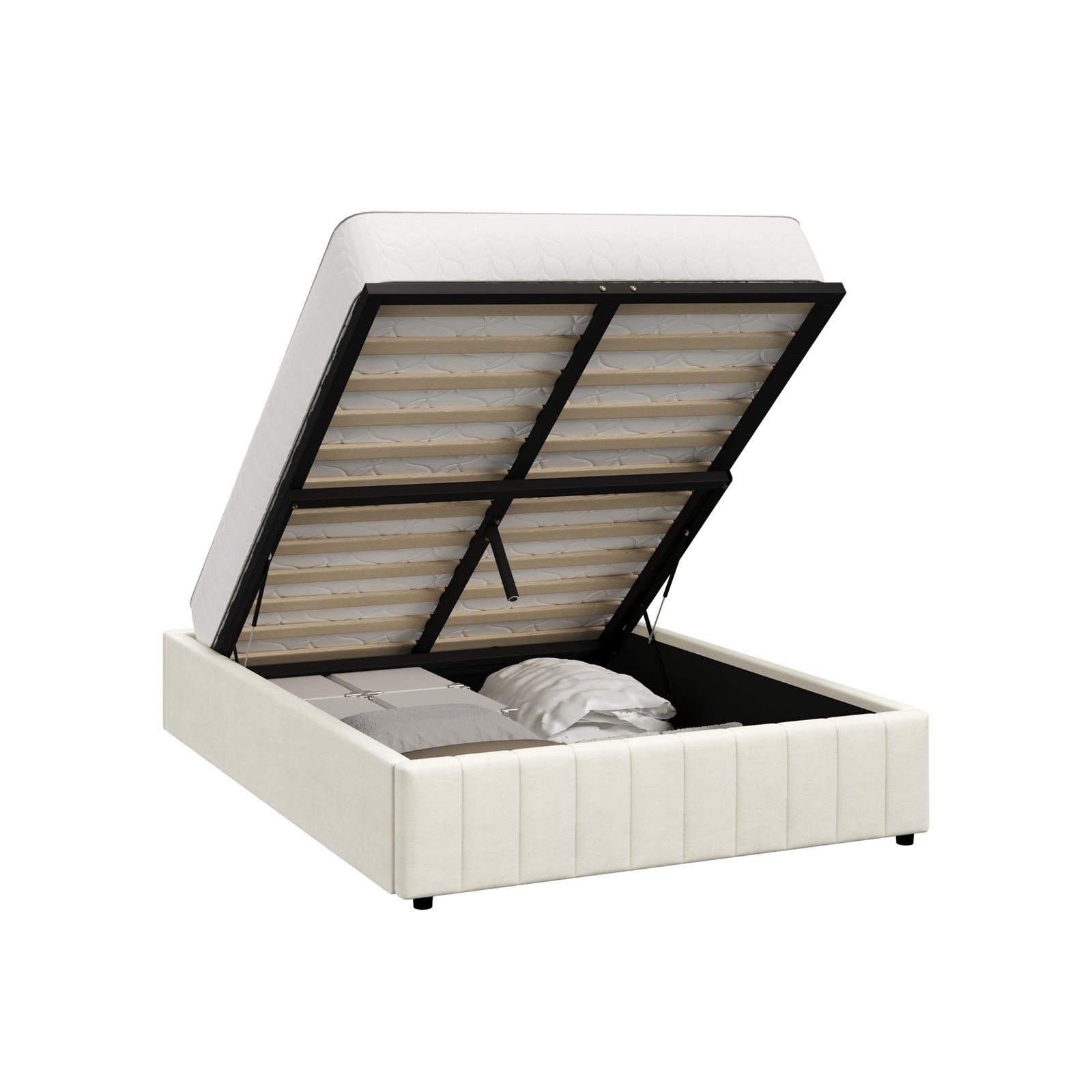 Oikiture Bed Frame Queen Size Gas Lift Storage Base Velvet Cream FURB - Sunyee