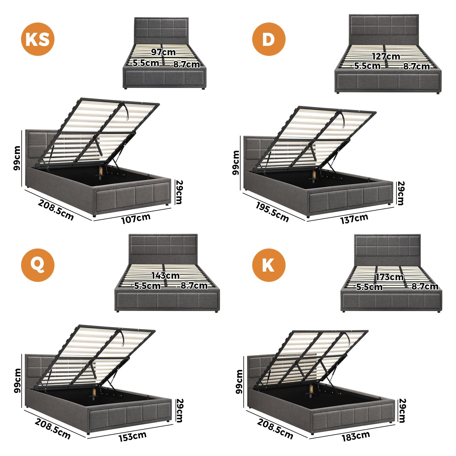 Oikiture Bed Frame Queen Double King Single Gas Lift Storage Beds - Sunyee