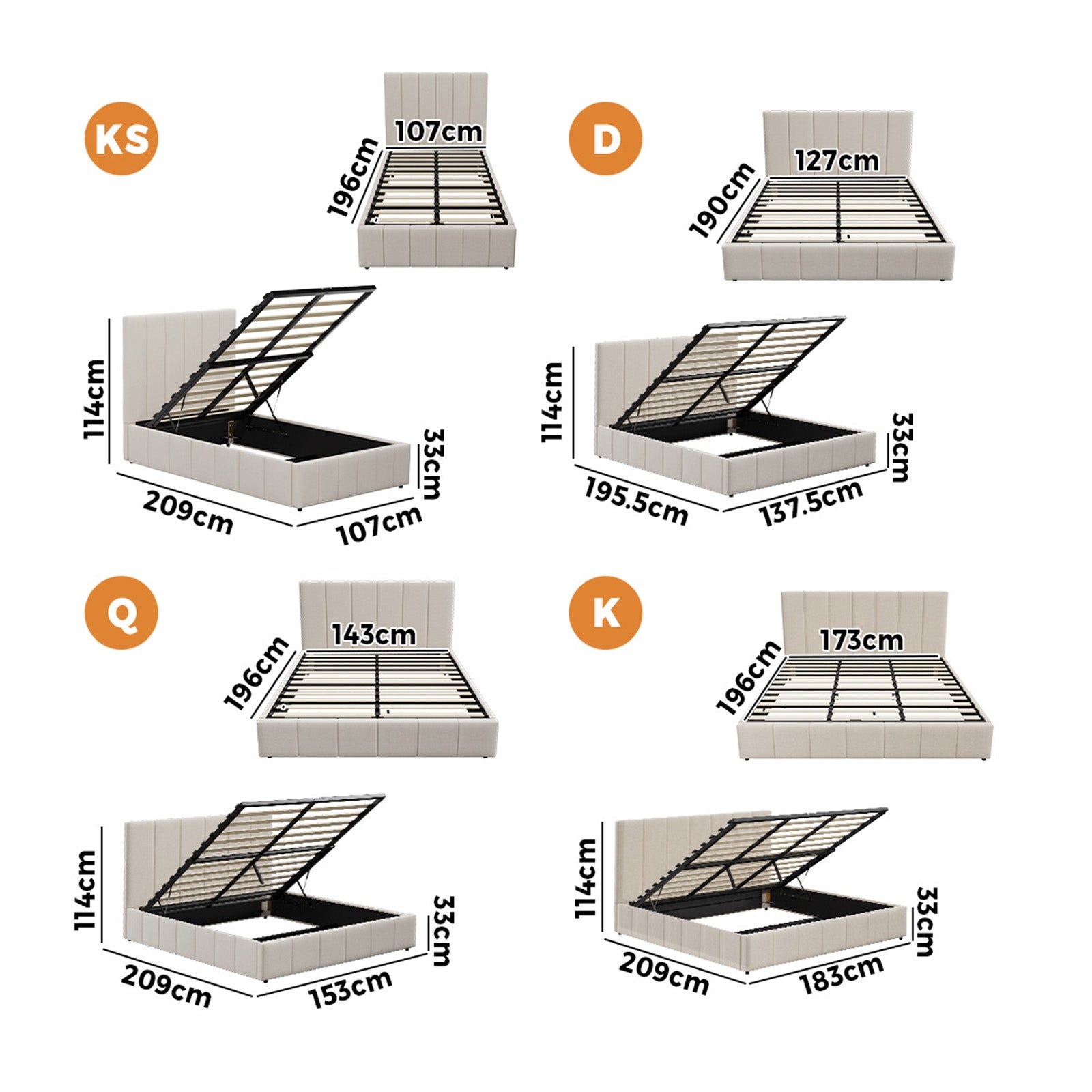 Oikiture Bed Frame Queen Double King Single Gas Lift Storage Beds - Sunyee
