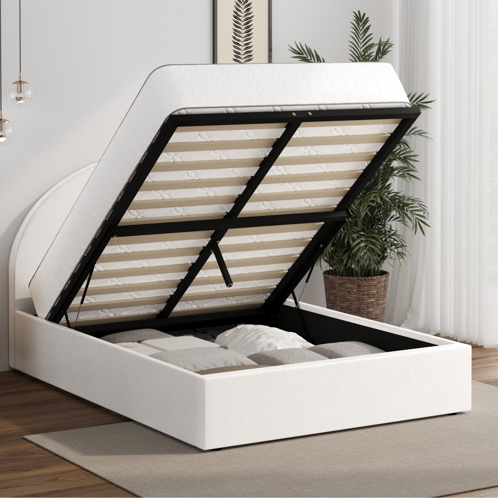 Oikiture Bed Frame Double Size With Gas Lift Storage Base PU Leather White - Sunyee