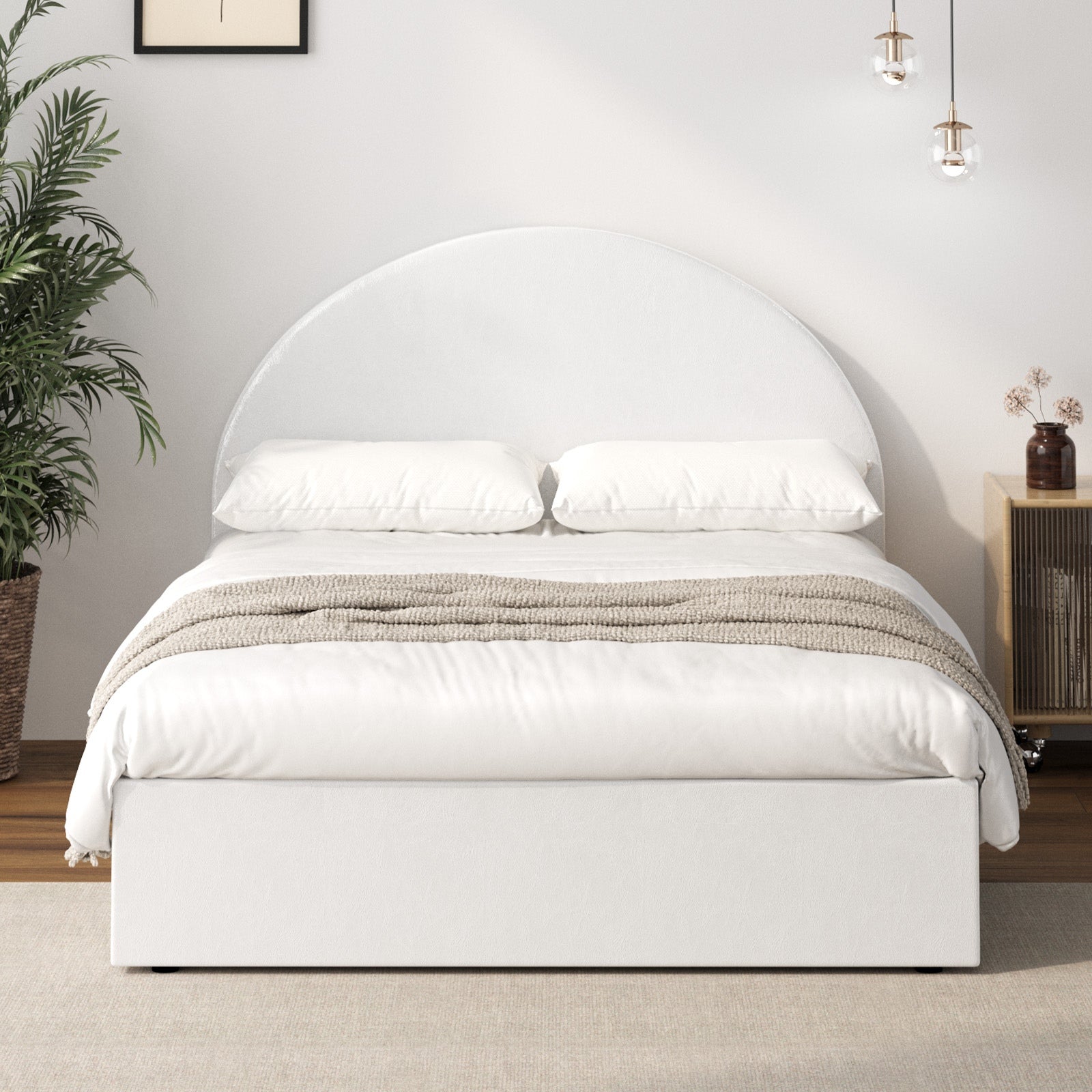 Oikiture Bed Frame Double Size With Gas Lift Storage Base PU Leather White - Sunyee