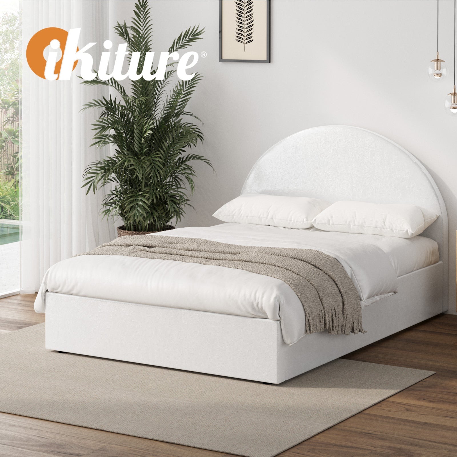 Oikiture Bed Frame Double Size With Gas Lift Storage Base PU Leather White - Sunyee
