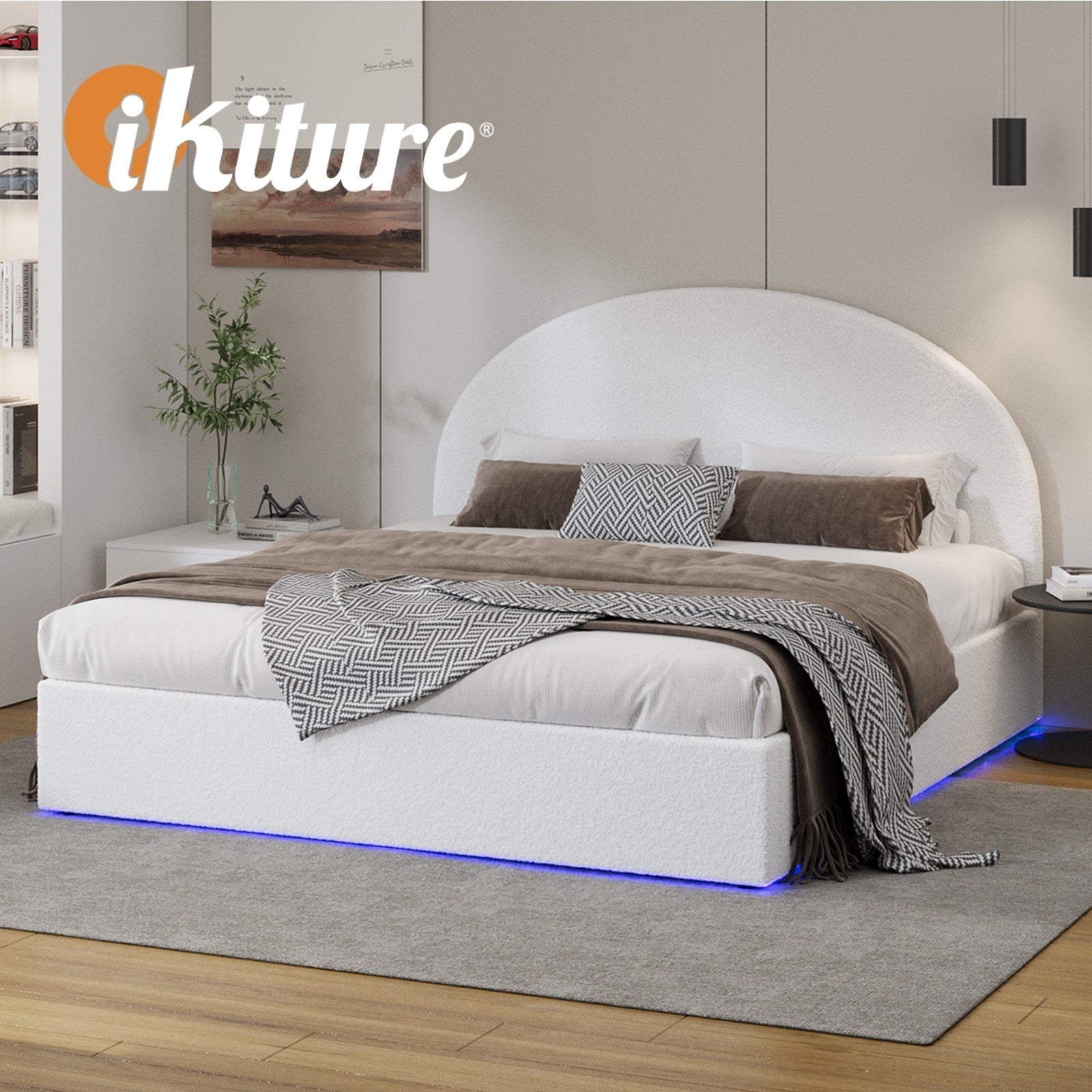 Oikiture Bed Frame King Size With Gas Lift Storage Base LED Lights Boucle White - Sunyee