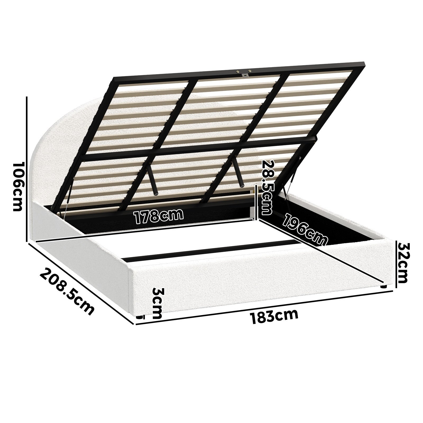 Oikiture Bed Frame King Size With Gas Lift Storage Base LED Lights Boucle White - Sunyee