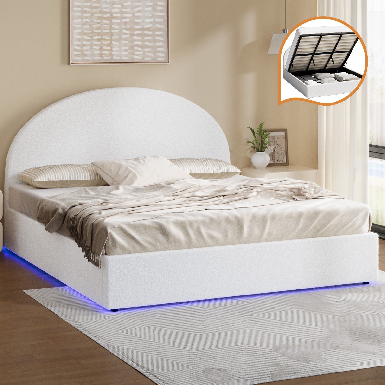 Oikiture Bed Frame King Size With Gas Lift Storage Base LED Lights Boucle White - Sunyee