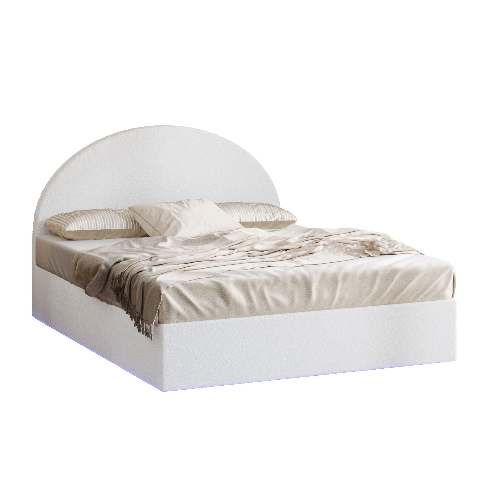 Oikiture Bed Frame Queen Size With Gas Lift Storage Base LED Lights Boucle White