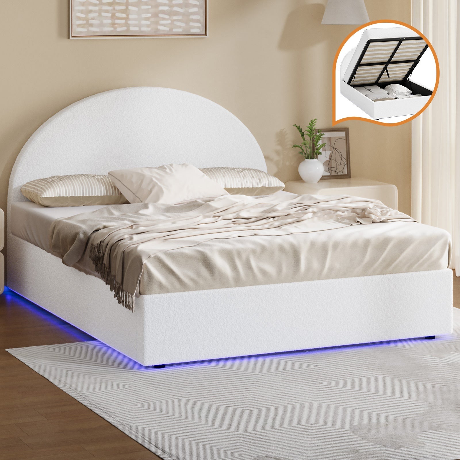 Oikiture Bed Frame Queen Size With Gas Lift Storage Base LED Lights Boucle White
