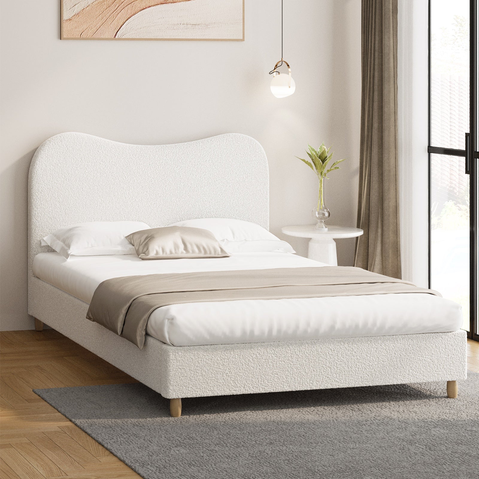 Oikiture Bed Frame Double Size White Boucle Cloud Shape - Sunyee
