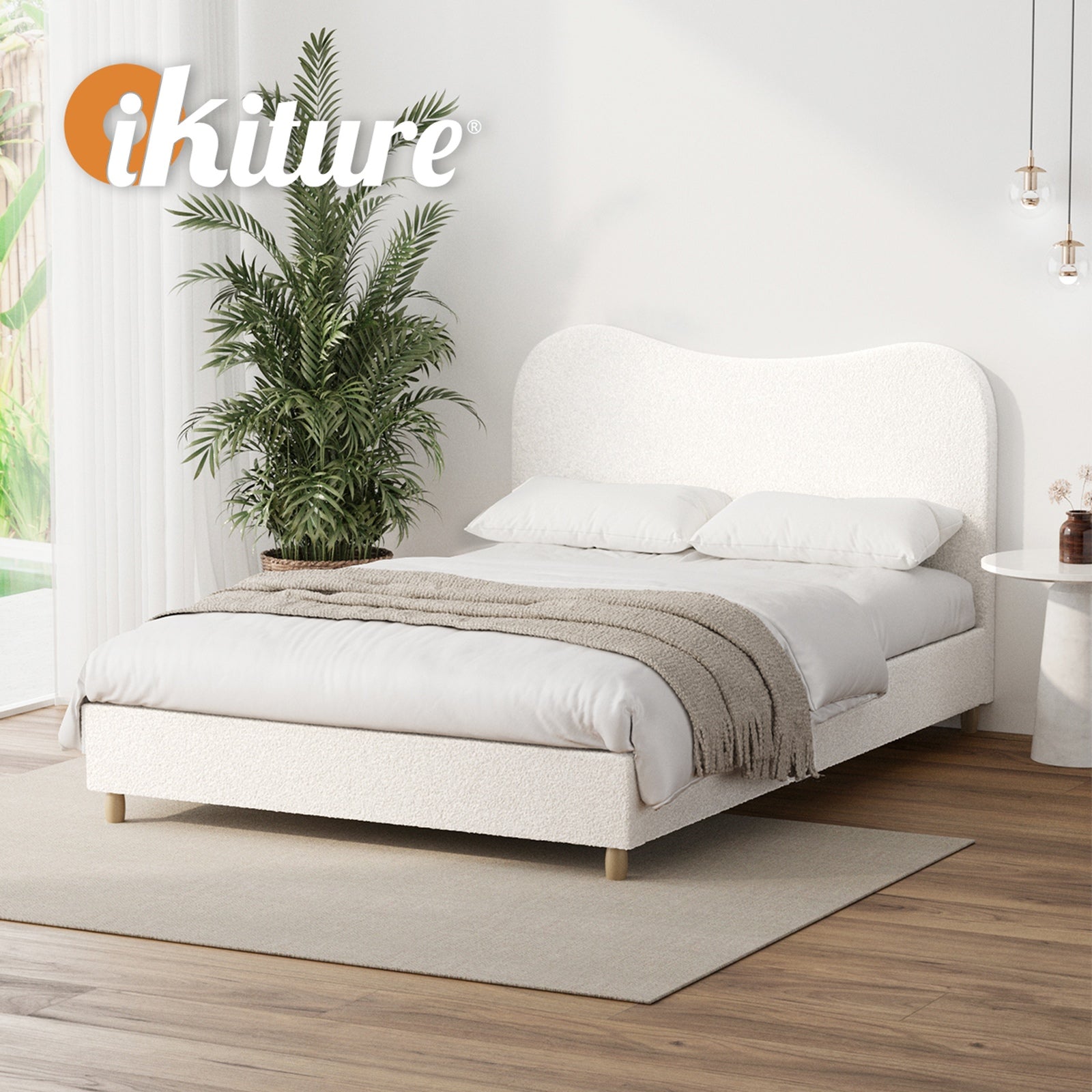 Oikiture Bed Frame Double Size White Boucle Cloud Shape - Sunyee