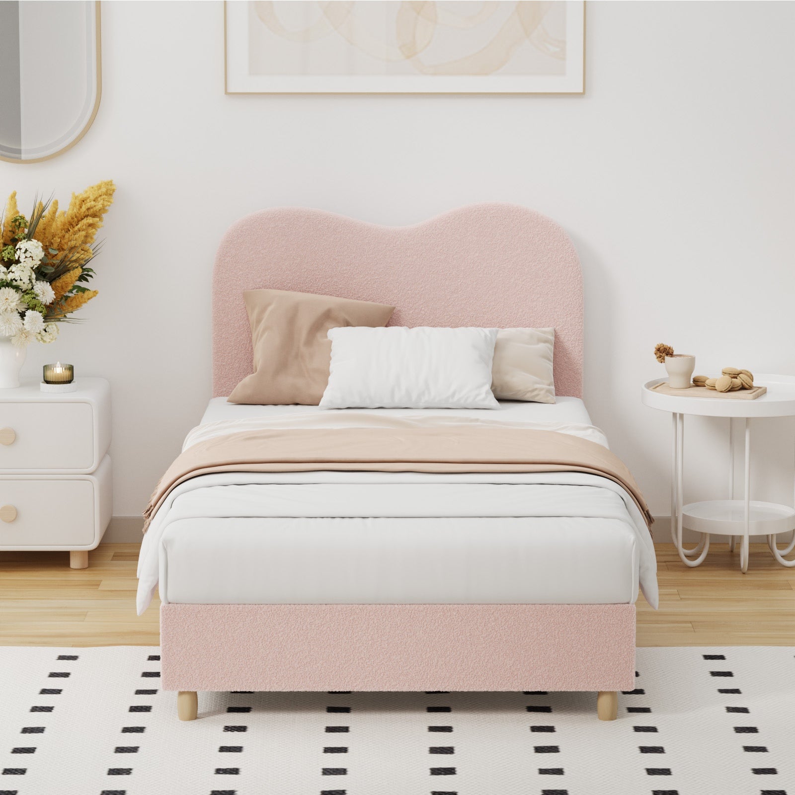 Oikiture Bed Frame King Single Size Pink Boucle Cloud Shape - Sunyee