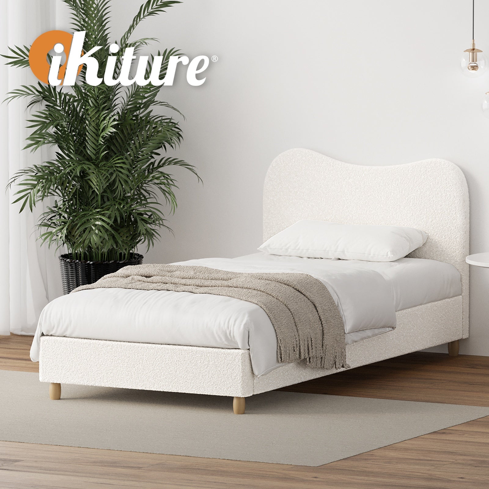 Oikiture Bed Frame King Single Size White Boucle Cloud Shape - Sunyee