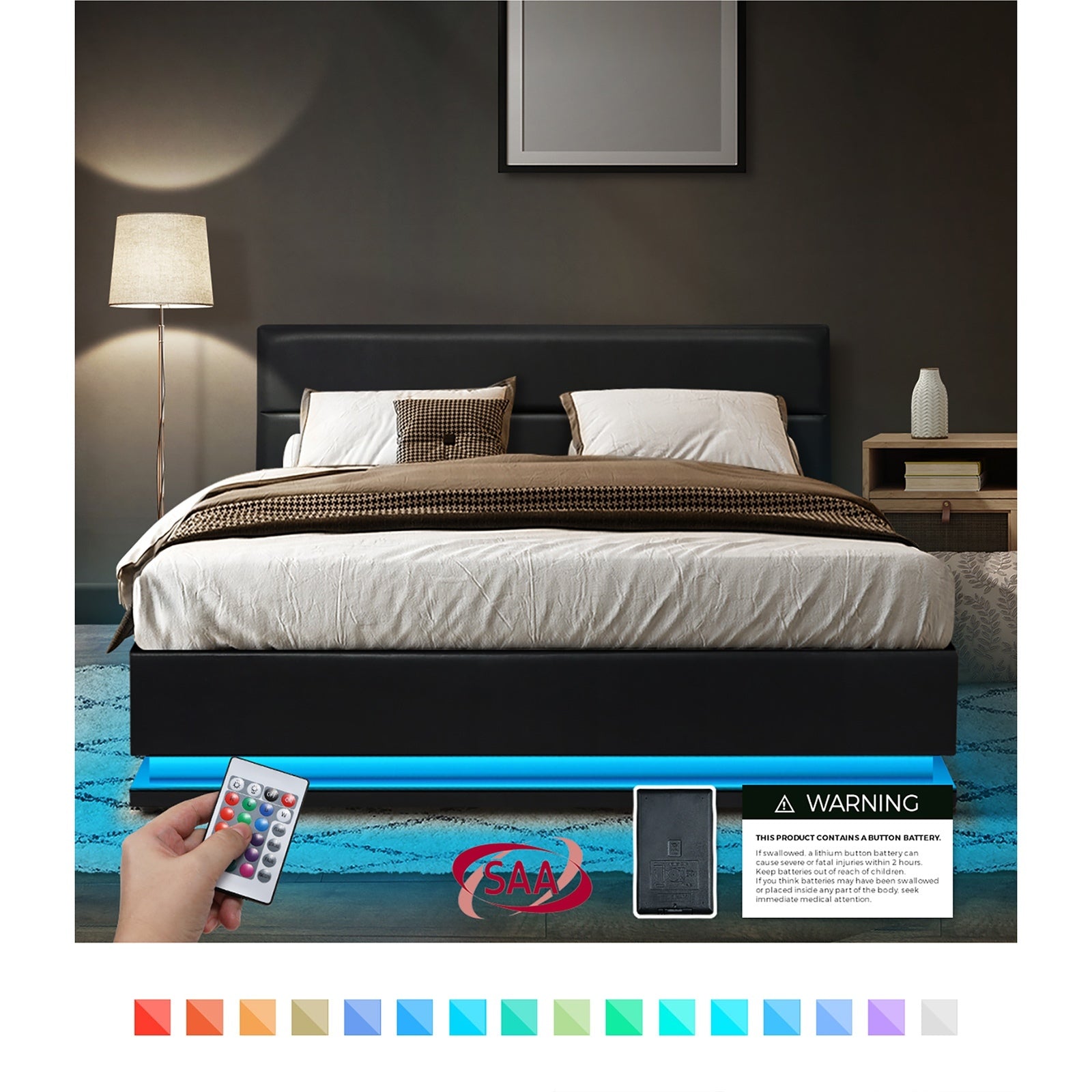 Oikiture RGB LED Bed Frame King Size Gas Lift Base With Storage Black Leather - Sunyee