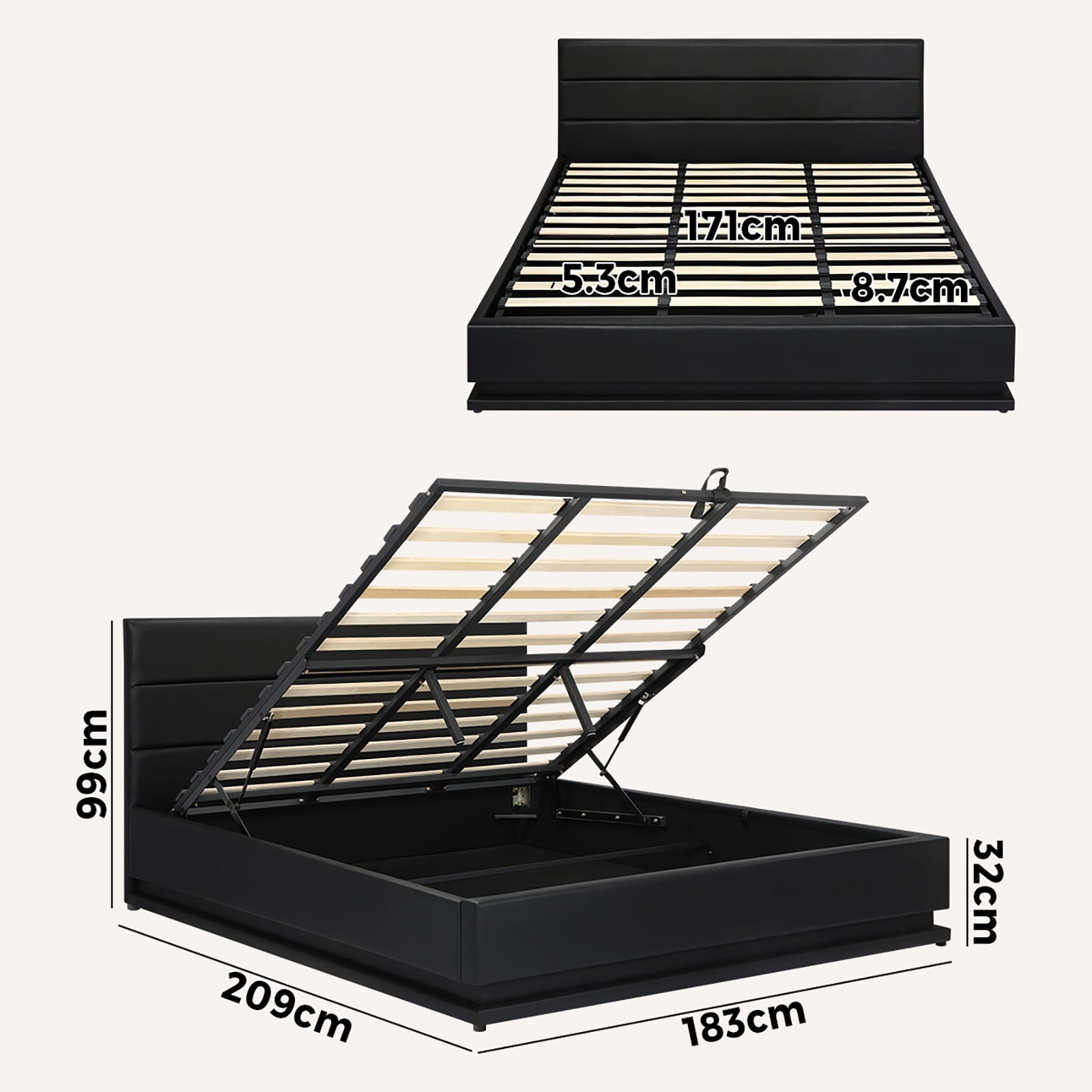 Oikiture RGB LED Bed Frame King Size Gas Lift Base With Storage Black Leather - Sunyee